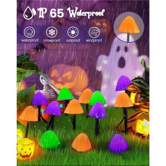 2PK 55FT 32LED Orange and Green Solar Mushroom Lights Outdoor, Solar String - Picture 2 of 7